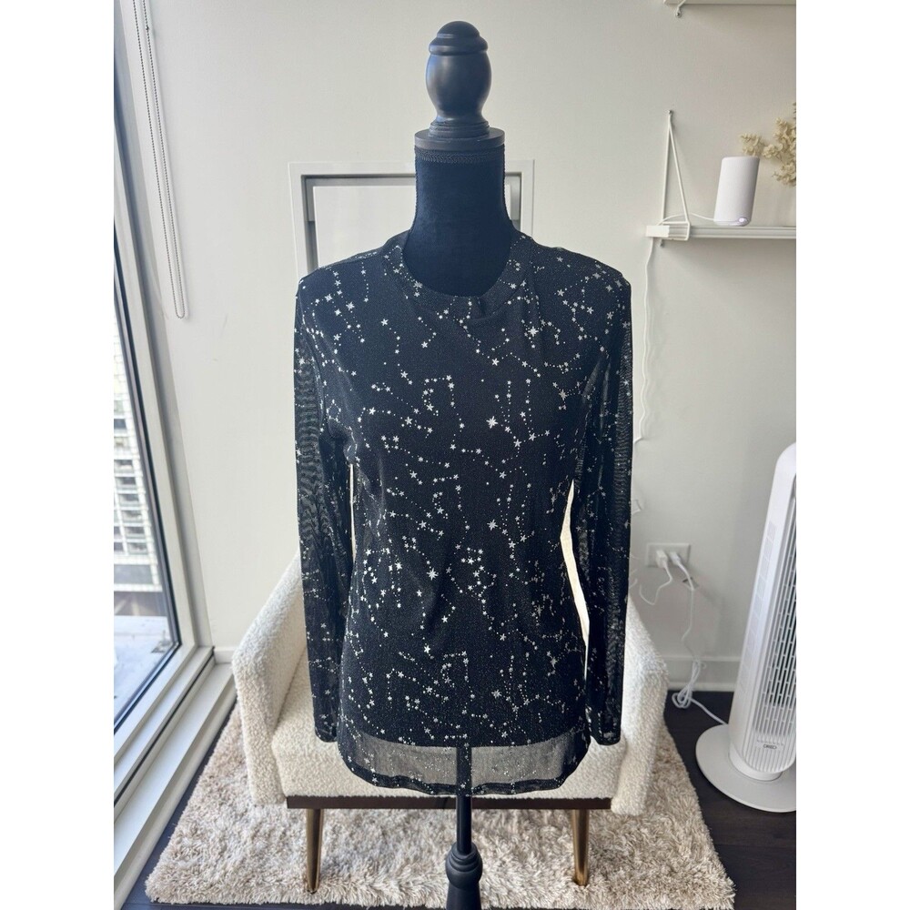 Akira Black Sheer Silver Star Long Sleeve Top Size XL NWT!